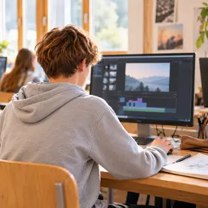 Ein Jugendlicher bearbeitet am Computer ein Video (KI-generiertes Bild)