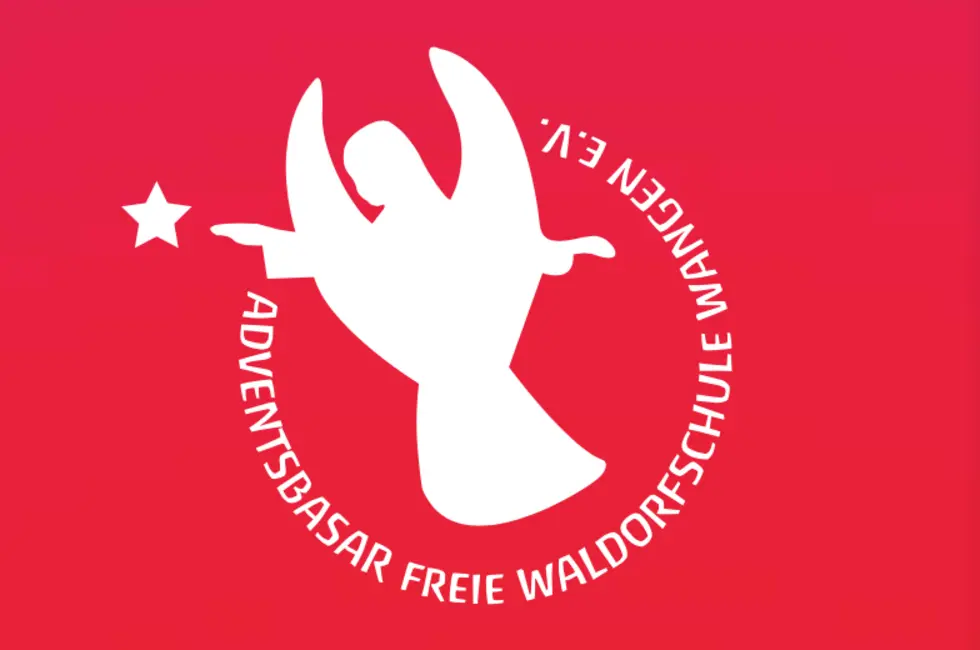 Logo des Adventsbasars der Freien Waldorfschule Wangen e.V.: weißer Engel mit Stern auf rotem Grund
