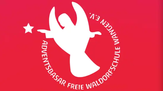 Logo des Adventsbasars der Freien Waldorfschule Wangen e.V.: weißer Engel mit Stern auf rotem Grund